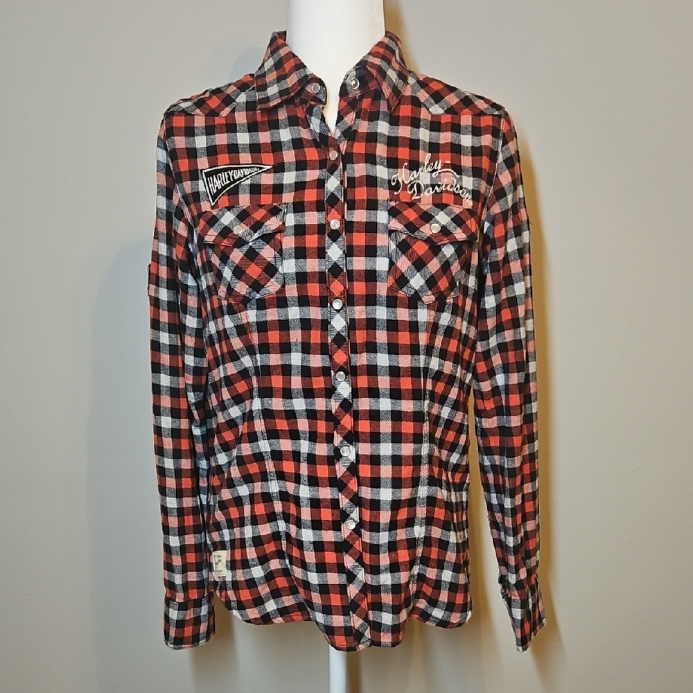 Harley-Davidson Plaid Pattern Checkered Button-Do… - image 1